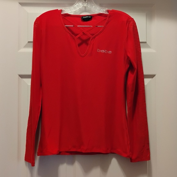 Bebe Stretchy Red V Neck Long Sleeve Top Size L - Picture 1 of 6